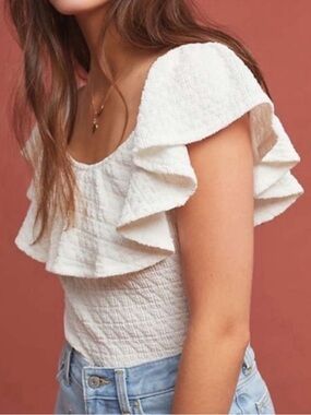 Anthropologie Textured Off The Shoulder Ruffle Top Size Small White
